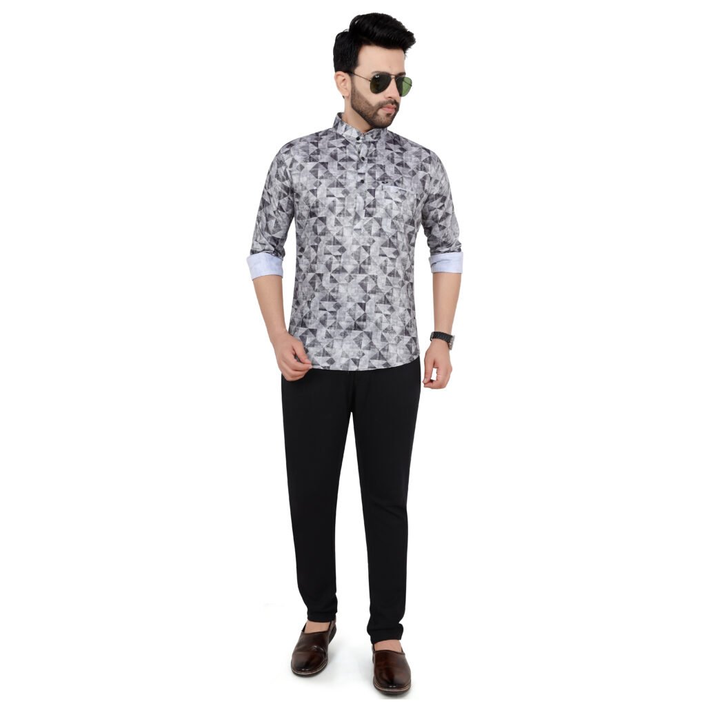 Men’s Grey Geometric Print Short Kurta